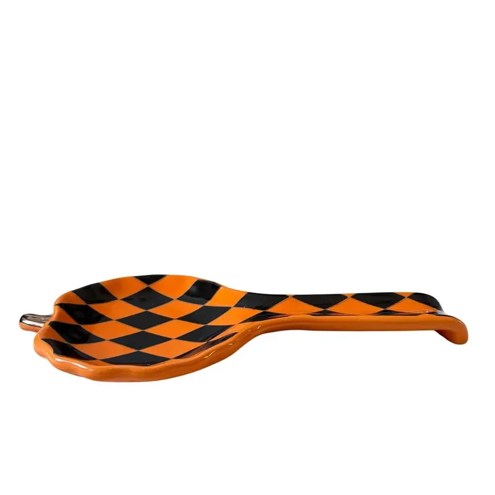 Black & Orange Harlequin Pumpkin Spoon Rest 10in Ceramic Checkered Halloween NEW